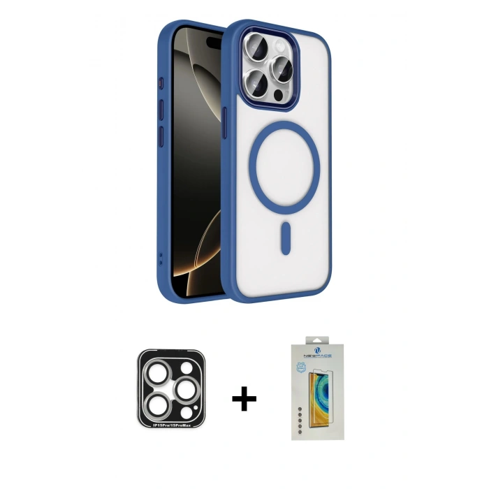 MARSİLYAN™- iPhone 15 Pro Max Kılıf Kıvılcım Prime - Siyah Polymer Nano Ekran Koruyucu + Gümüş PVD Metal Kamera Lens