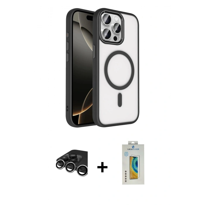 MARSİLYAN™- iPhone 15 Pro Max Kılıf Kıvılcım Prime - Siyah Polymer Nano Ekran Koruyucu + Raze Metal Kamera Lens - GS