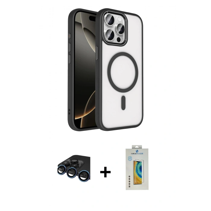 MARSİLYAN™- iPhone 15 Pro Max Kılıf Kıvılcım Prime - Siyah Polymer Nano Ekran Koruyucu + Raze Metal Kamera Lens - LT