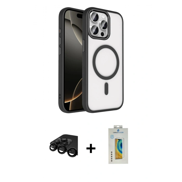 MARSİLYAN™- iPhone 15 Pro Max Kılıf Kıvılcım Prime - Siyah Polymer Nano Ekran Koruyucu + Raze Metal Kamera Lens - SH
