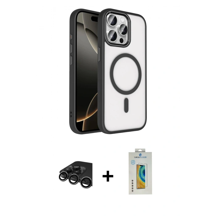 MARSİLYAN™- iPhone 15 Pro Max Kılıf Kıvılcım Prime - Siyah Polymer Nano Ekran Koruyucu + Raze Metal Kamera Lens - TMGI