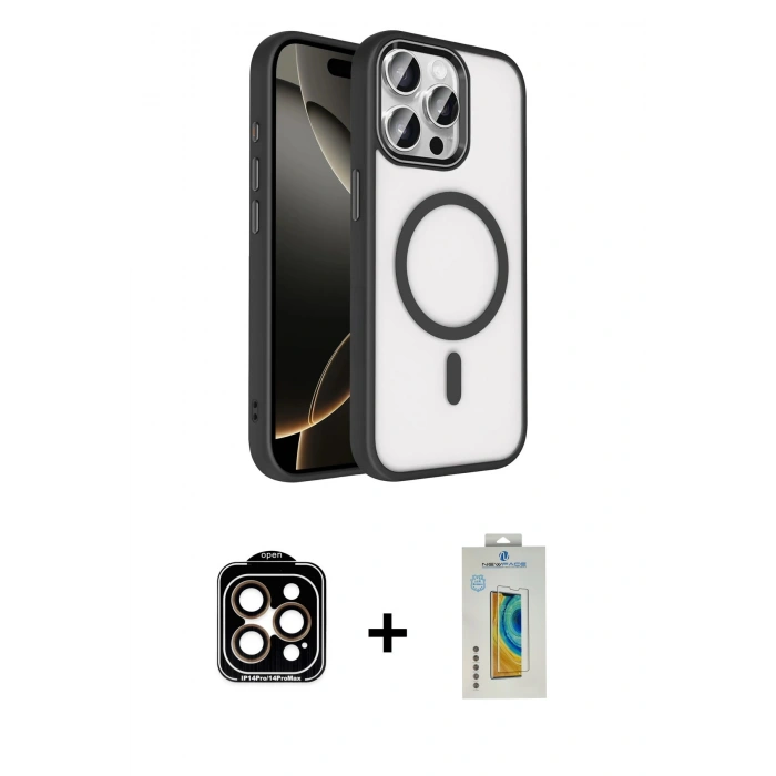MARSİLYAN™- iPhone 15 Pro Max Kılıf Kıvılcım Prime - Siyah Polymer Nano Ekran Koruyucu + PVD Metal Kamera Lens - TU