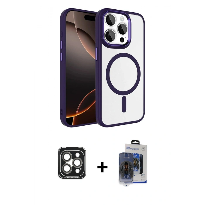 MARSİLYAN™- iPhone 15 Pro Max Kılıf Kıvılcım Prime - Siyah Vanessa Magic Cam + Gri PVD Metal Kamera Lens