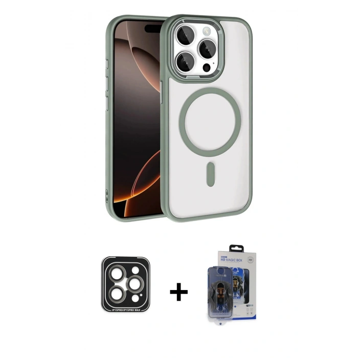 MARSİLYAN™- iPhone 15 Pro Max Kılıf Kıvılcım Prime - Siyah Vanessa Magic Cam + Gri PVD Metal Kamera Lens