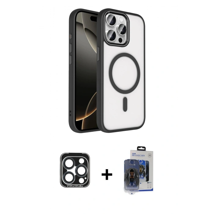 MARSİLYAN™- iPhone 15 Pro Max Kılıf Kıvılcım Prime - Siyah Vanessa Magic Cam + PVD Metal Kamera Lens - LT