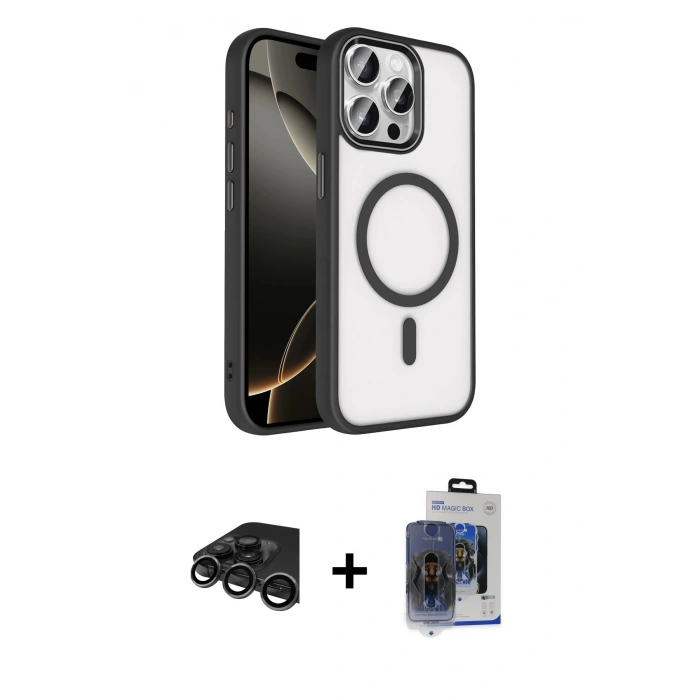 MARSİLYAN™- iPhone 15 Pro Max Kılıf Kıvılcım Prime - Siyah Vanessa Magic Cam + Raze Metal Kamera Lens - TMGI