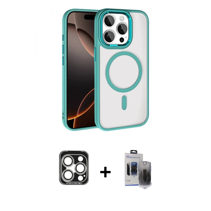 MARSİLYAN™- iPhone 15 Pro Max Kılıf Kıvılcım Prime - Siyah Vanessa Magic Hayalet Cam + PVD Metal Kamera Lens - GS