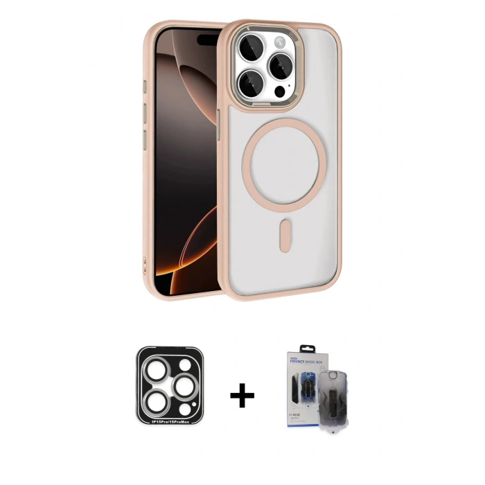 MARSİLYAN™- iPhone 15 Pro Max Kılıf Kıvılcım Prime - Siyah Vanessa Magic Hayalet Cam + PVD Metal Kamera Lens - GS
