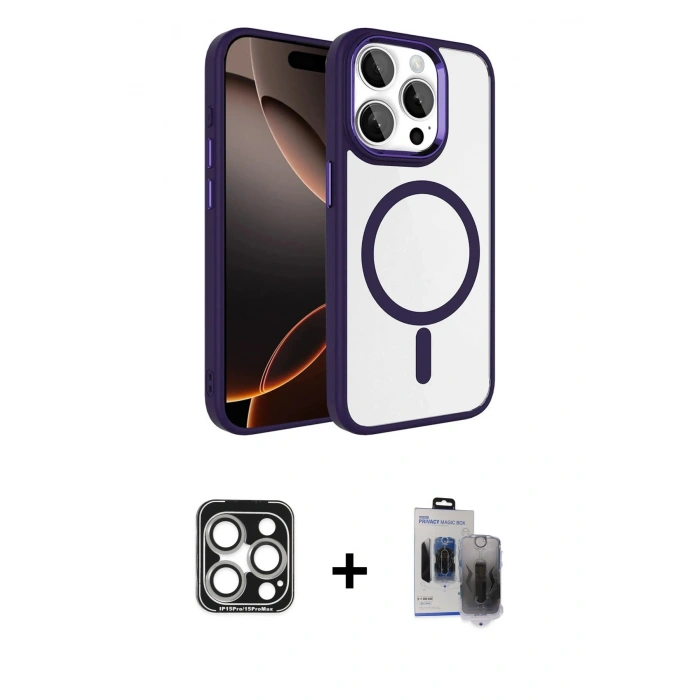 MARSİLYAN™- iPhone 15 Pro Max Kılıf Kıvılcım Prime - Siyah Vanessa Magic Hayalet Cam + PVD Metal Kamera Lens - GS