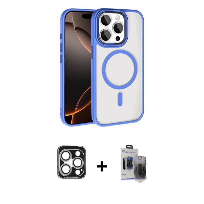 MARSİLYAN™- iPhone 15 Pro Max Kılıf Kıvılcım Prime - Siyah Vanessa Magic Hayalet Cam + PVD Metal Kamera Lens - GS