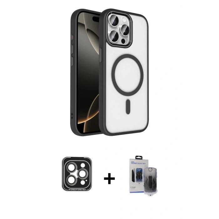 MARSİLYAN™- iPhone 15 Pro Max Kılıf Kıvılcım Prime - Siyah Vanessa Magic Hayalet Cam + PVD Metal Kamera Lens - GI
