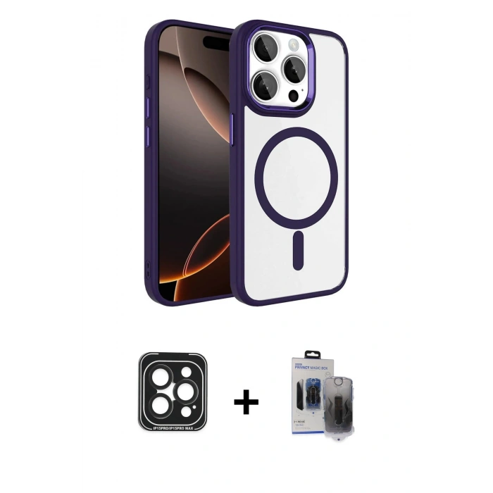 MARSİLYAN™- iPhone 15 Pro Max Kılıf Kıvılcım Prime - Siyah Vanessa Magic Hayalet Cam + PVD Metal Kamera Lens - SH