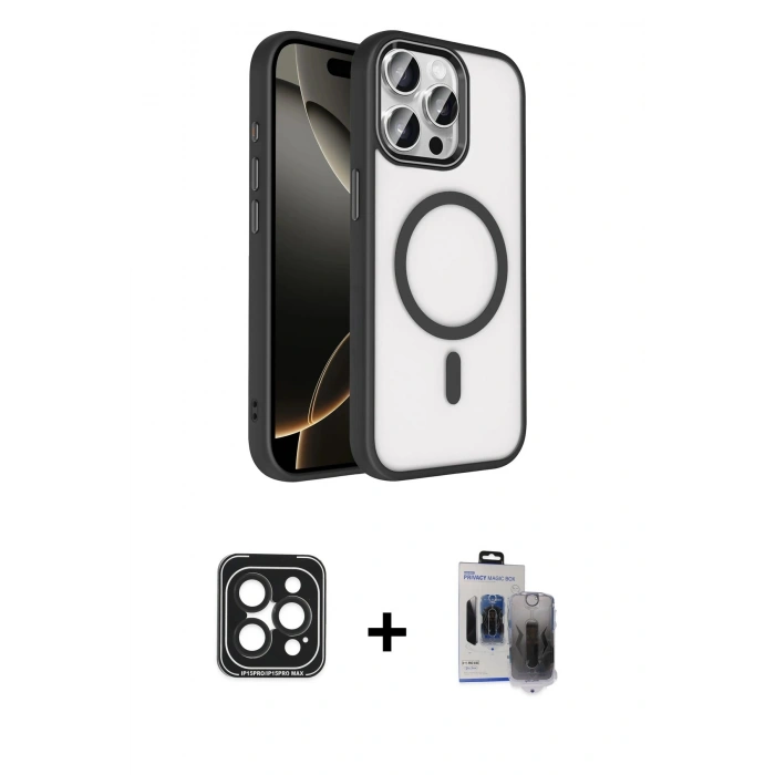 MARSİLYAN™- iPhone 15 Pro Max Kılıf Kıvılcım Prime - Siyah Vanessa Magic Hayalet Cam + PVD Metal Kamera Lens - SH