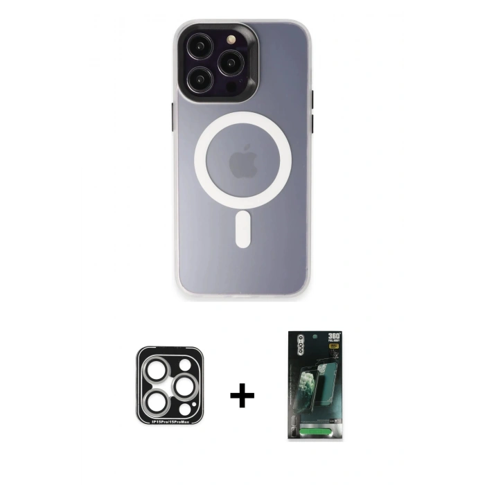 MARSİLYAN™- iPhone 15 Pro Max Kılıf Kozmos Çizgi Prime - Şeffaf 360 Full Body Arka Koruyucu + PVD Metal Kamera Lens - GS