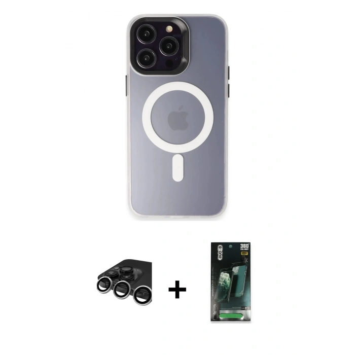 MARSİLYAN™- iPhone 15 Pro Max Kılıf Kozmos Çizgi Prime - Şeffaf 360 Full Body Arka Koruyucu + Raze Metal Kamera Lens - GS