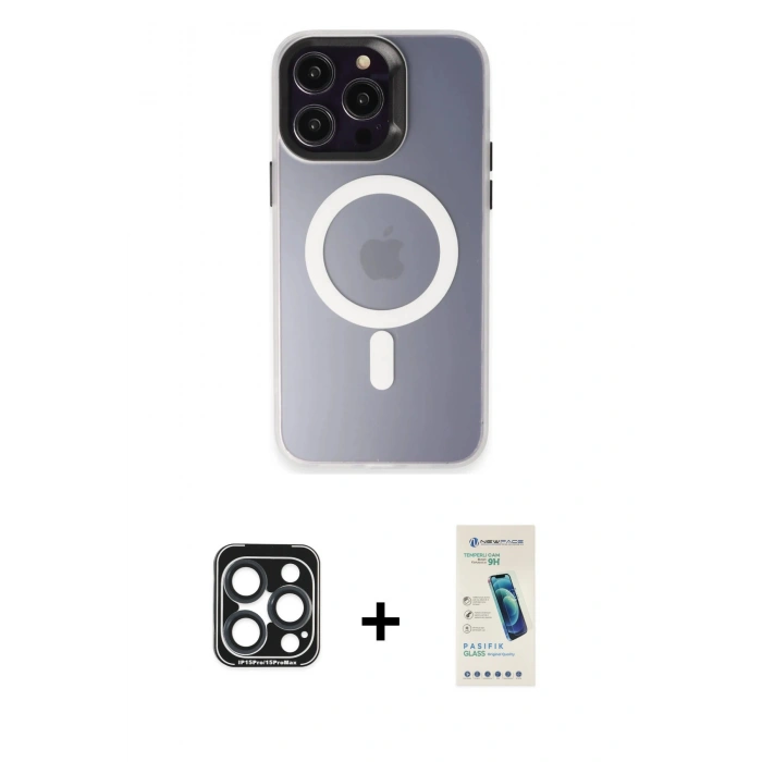 MARSİLYAN™- iPhone 15 Pro Max Kılıf Kozmos Çizgi Prime - Şeffaf Pasifik Cam Ekran Koruyucu + PVD Metal Kamera Lens - LT