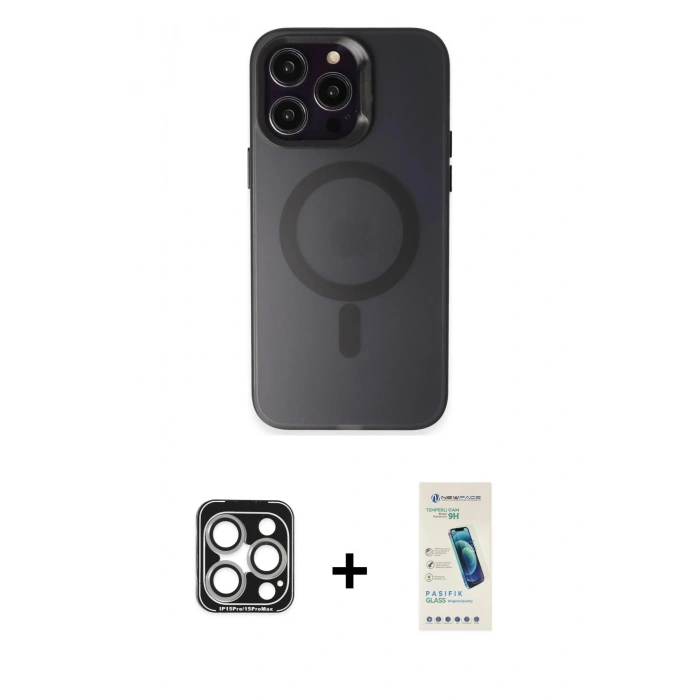 MARSİLYAN™- iPhone 15 Pro Max Kılıf Kozmos Çizgi Prime - Şeffaf Pasifik Cam Ekran Koruyucu + PVD Metal Kamera Lens - GS