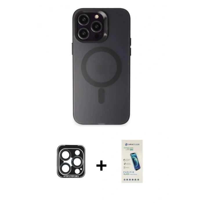 MARSİLYAN™- iPhone 15 Pro Max Kılıf Kozmos Çizgi Prime - Şeffaf Pasifik Cam Ekran Koruyucu + PVD Metal Kamera Lens - LT