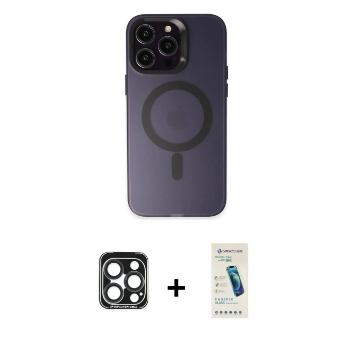MARSİLYAN™- iPhone 15 Pro Max Kılıf Kozmos Çizgi Prime - Şeffaf Pasifik Cam Ekran Koruyucu + PVD Metal Kamera Lens - LT