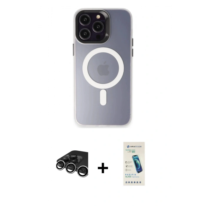 MARSİLYAN™- iPhone 15 Pro Max Kılıf Kozmos Çizgi Prime - Şeffaf Pasifik Cam Ekran Koruyucu + Raze Metal Kamera Lens - GS