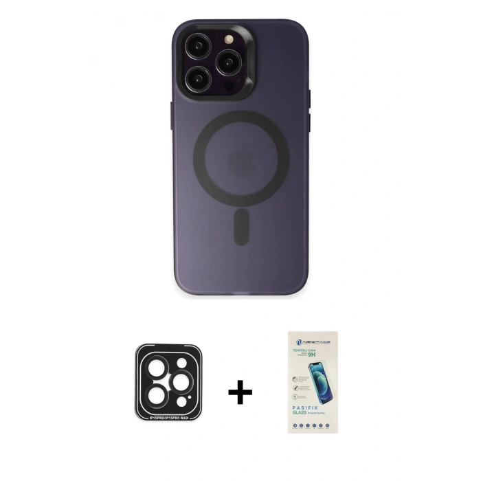 MARSİLYAN™- iPhone 15 Pro Max Kılıf Kozmos Çizgi Prime - Şeffaf Pasifik Cam Ekran Koruyucu + PVD Metal Kamera Lens - SH