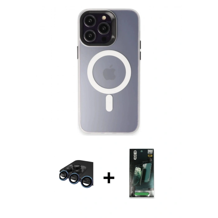 MARSİLYAN™- iPhone 15 Pro Max Kılıf Kozmos Çizgi Prime - Siyah 360 Mat Full Body Arka Koruyucu + Lacivert Raze Metal Kamera Lens