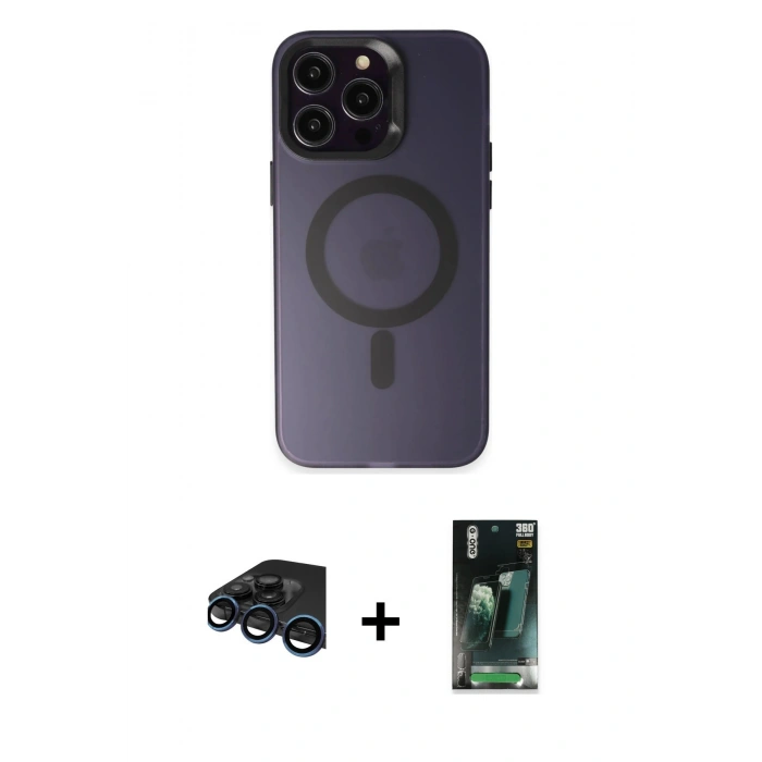 MARSİLYAN™- iPhone 15 Pro Max Kılıf Kozmos Çizgi Prime - Siyah 360 Mat Full Body Arka Koruyucu + Lacivert Raze Metal Kamera Lens