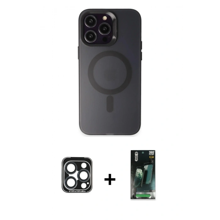MARSİLYAN™- iPhone 15 Pro Max Kılıf Kozmos Çizgi Prime - Siyah 360 Mat Full Body Arka Koruyucu + PVD Metal Kamera Lens - LT