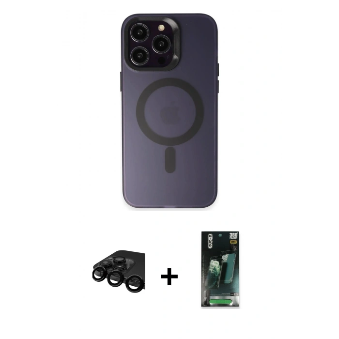MARSİLYAN™- iPhone 15 Pro Max Kılıf Kozmos Çizgi Prime - Siyah 360 Mat Full Body Arka Koruyucu + Siyah Raze Metal Kamera Lens