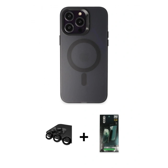 MARSİLYAN™- iPhone 15 Pro Max Kılıf Kozmos Çizgi Prime - Siyah 360 Mat Full Body Arka Koruyucu + Siyah Raze Metal Kamera Lens