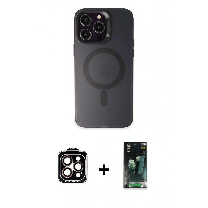 MARSİLYAN™- iPhone 15 Pro Max Kılıf Kozmos Çizgi Prime - Siyah 360 Mat Full Body Arka Koruyucu + Turuncu PVD Metal Kamera Lens