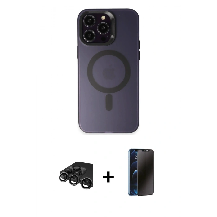 MARSİLYAN™- iPhone 15 Pro Max Kılıf Kozmos Çizgi Prime - Siyah 3D Antistatik Hayalet Cam Ekran Koruyucu + Titanyum Gri Raze Metal Kamera Lens