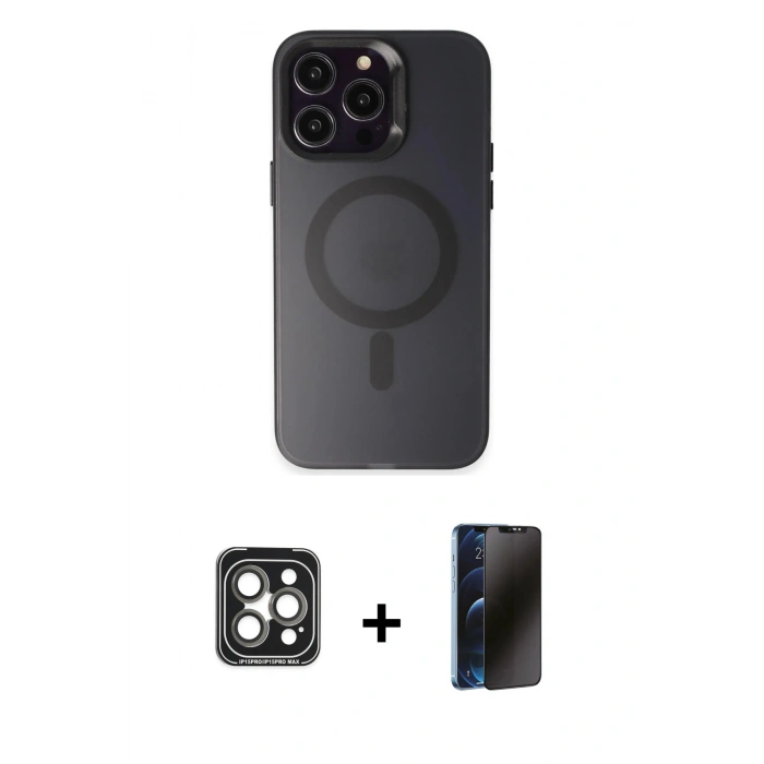 MARSİLYAN™- iPhone 15 Pro Max Kılıf Kozmos Çizgi Prime - Siyah 3D Antistatik Hayalet Cam Ekran Koruyucu + PVD Metal Kamera Lens - GI