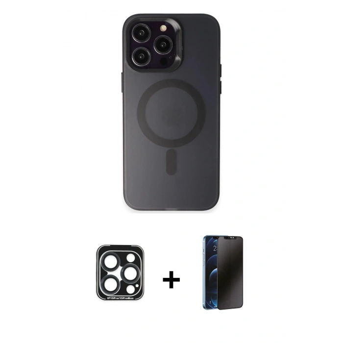 MARSİLYAN™- iPhone 15 Pro Max Kılıf Kozmos Çizgi Prime - Siyah 3D Antistatik Hayalet Cam Ekran Koruyucu + PVD Metal Kamera Lens - LT