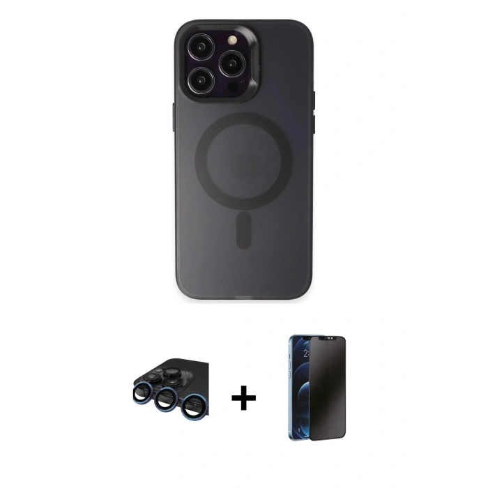 MARSİLYAN™- iPhone 15 Pro Max Kılıf Kozmos Çizgi Prime - Siyah 3D Antistatik Hayalet Cam Ekran Koruyucu + Lacivert Raze Metal Kamera Lens