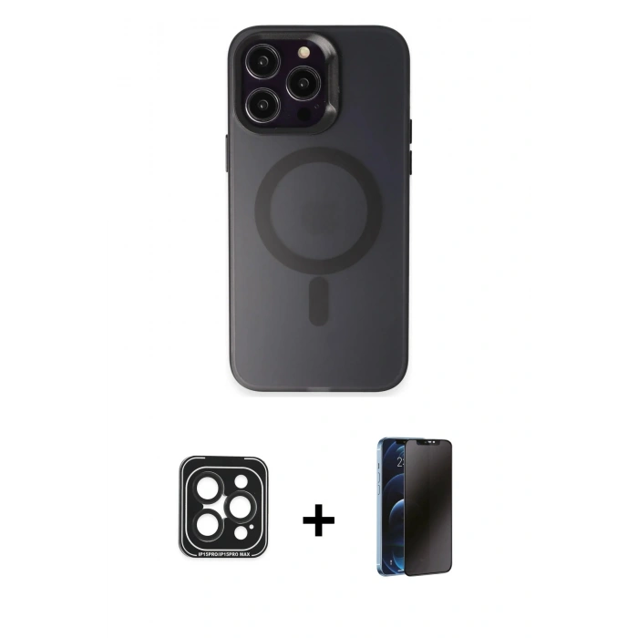 MARSİLYAN™- iPhone 15 Pro Max Kılıf Kozmos Çizgi Prime - Siyah 3D Antistatik Hayalet Cam Ekran Koruyucu + PVD Metal Kamera Lens - SH