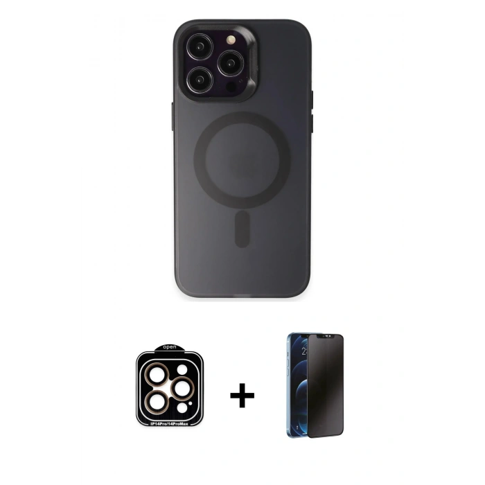 MARSİLYAN™- iPhone 15 Pro Max Kılıf Kozmos Çizgi Prime - Siyah 3D Antistatik Hayalet Cam Ekran Koruyucu + PVD Metal Kamera Lens - TU