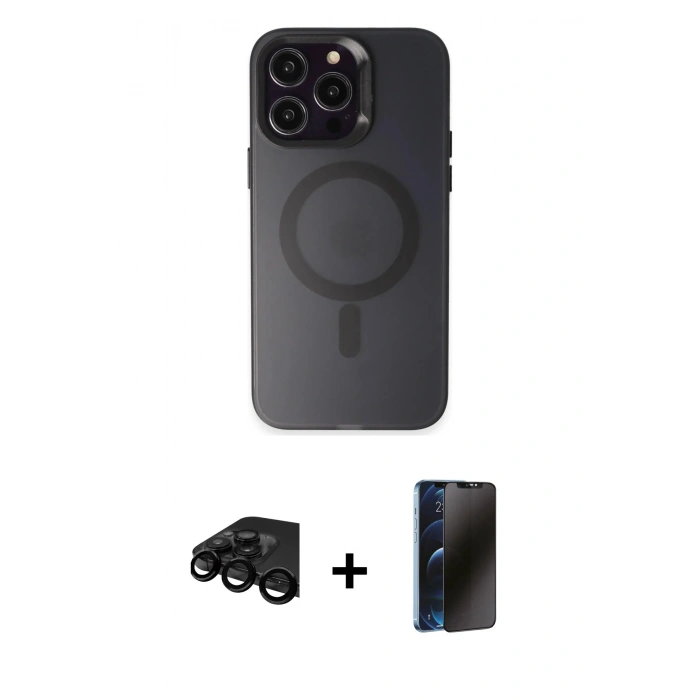 MARSİLYAN™- iPhone 15 Pro Max Kılıf Kozmos Çizgi Prime - Siyah 3D Antistatik Hayalet Cam Ekran Koruyucu + Raze Metal Kamera Lens - SH