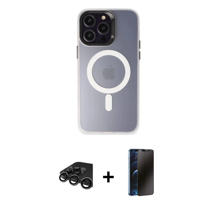 MARSİLYAN™- iPhone 15 Pro Max Kılıf Kozmos Çizgi Prime - Siyah 3D Antistatik Hayalet Cam Ekran Koruyucu + Titanyum Gri Raze Metal Kamera Lens