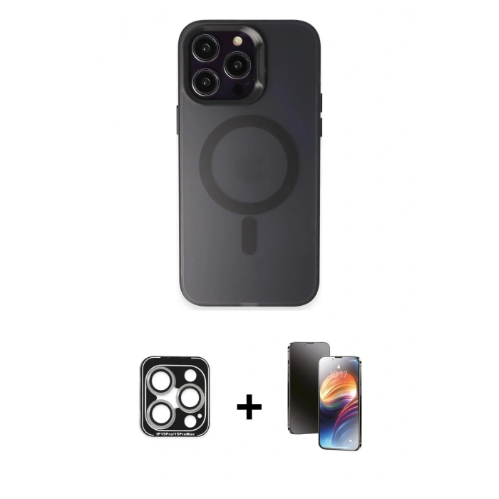 MARSİLYAN™- iPhone 15 Pro Max Kılıf Kozmos Çizgi Prime - Siyah 3D Antistatik Mat Seramik Nano Ekran Koruyucu + Gümüş PVD Metal Kamera Lens