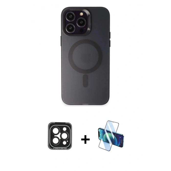 MARSİLYAN™- iPhone 15 Pro Max Kılıf Kozmos Çizgi Prime - Siyah 3D Antistatik Seramik Nano Ekran Koruyucu + PVD Metal Kamera Lens - SH