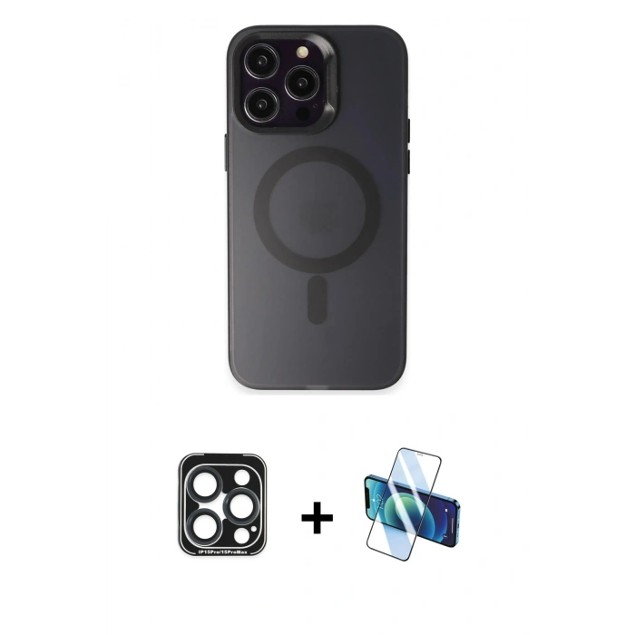 MARSİLYAN™- iPhone 15 Pro Max Kılıf Kozmos Çizgi Prime - Siyah 3D Antistatik Seramik Nano Ekran Koruyucu + PVD Metal Kamera Lens - LT