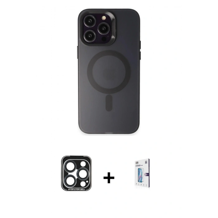 MARSİLYAN™- iPhone 15 Pro Max Kılıf Kozmos Çizgi Prime - Siyah Bilvis 0.18mm Plus Cam Ekran Koruyucu + Lacivert PVD Metal Kamera Lens