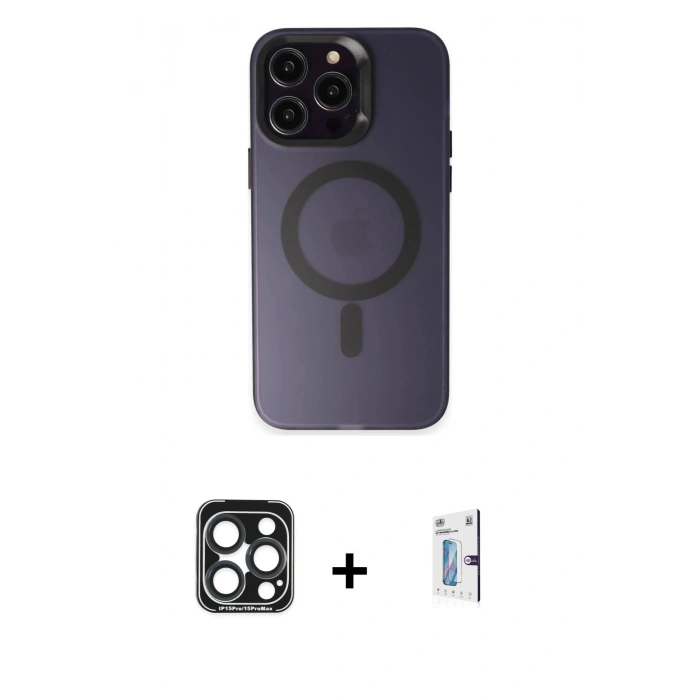 MARSİLYAN™- iPhone 15 Pro Max Kılıf Kozmos Çizgi Prime - Siyah Bilvis 0.18mm Plus Cam Ekran Koruyucu + Lacivert PVD Metal Kamera Lens