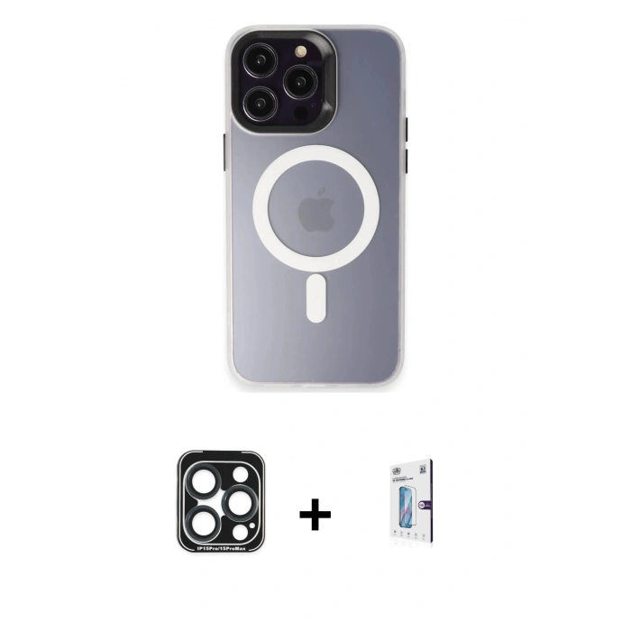 MARSİLYAN™- iPhone 15 Pro Max Kılıf Kozmos Çizgi Prime - Siyah Bilvis 0.18mm Plus Cam Ekran Koruyucu + Lacivert PVD Metal Kamera Lens