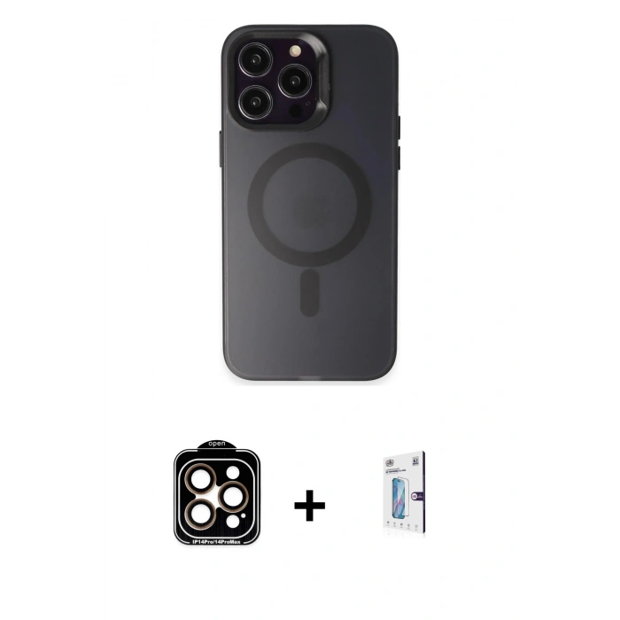 MARSİLYAN™- iPhone 15 Pro Max Kılıf Kozmos Çizgi Prime - Siyah Bilvis 0.18mm Plus Cam Ekran Koruyucu + PVD Metal Kamera Lens - TU