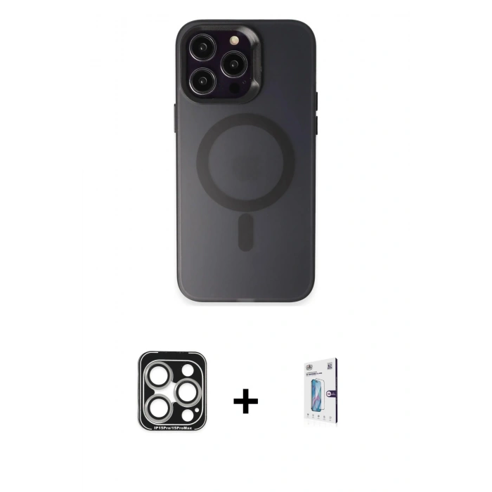 MARSİLYAN™- iPhone 15 Pro Max Kılıf Kozmos Çizgi Prime - Siyah Bilvis 0.18mm Plus Cam Ekran Koruyucu + PVD Metal Kamera Lens - GS