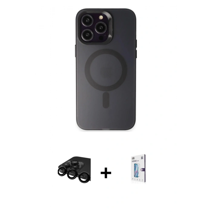 MARSİLYAN™- iPhone 15 Pro Max Kılıf Kozmos Çizgi Prime - Siyah Bilvis 0.18mm Plus Cam Ekran Koruyucu + Raze Metal Kamera Lens - SH