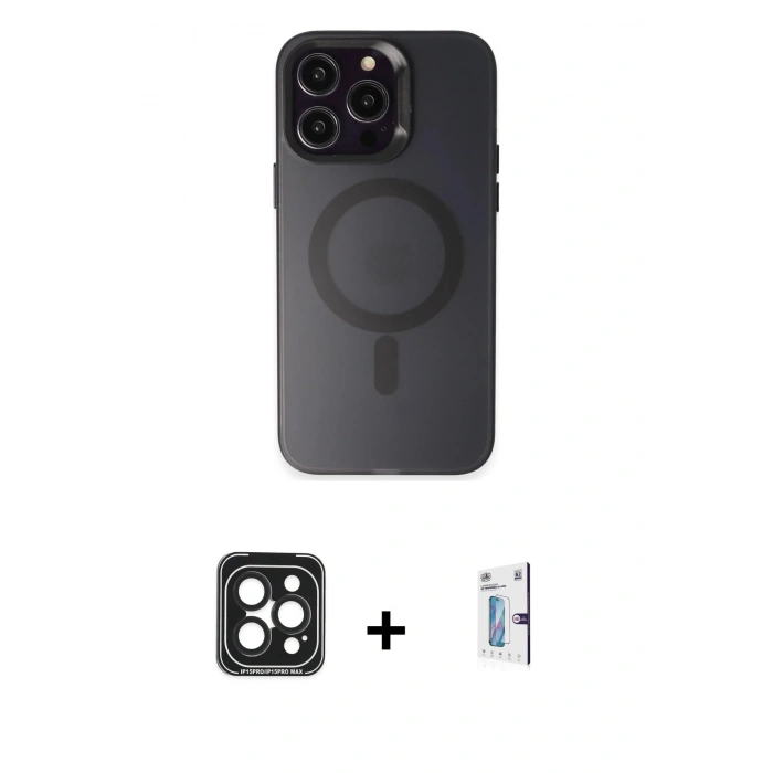 MARSİLYAN™- iPhone 15 Pro Max Kılıf Kozmos Çizgi Prime - Siyah Bilvis 0.18mm Plus Cam Ekran Koruyucu + Siyah PVD Metal Kamera Lens
