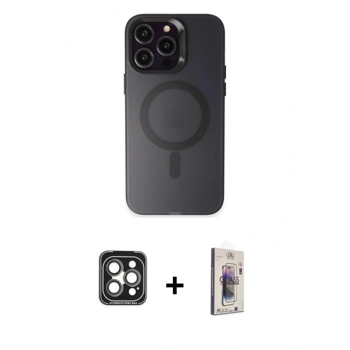 MARSİLYAN™- iPhone 15 Pro Max Kılıf Kozmos Çizgi Prime - Siyah Bilvis 3D Cam Ekran Koruyucu + PVD Metal Kamera Lens - GI